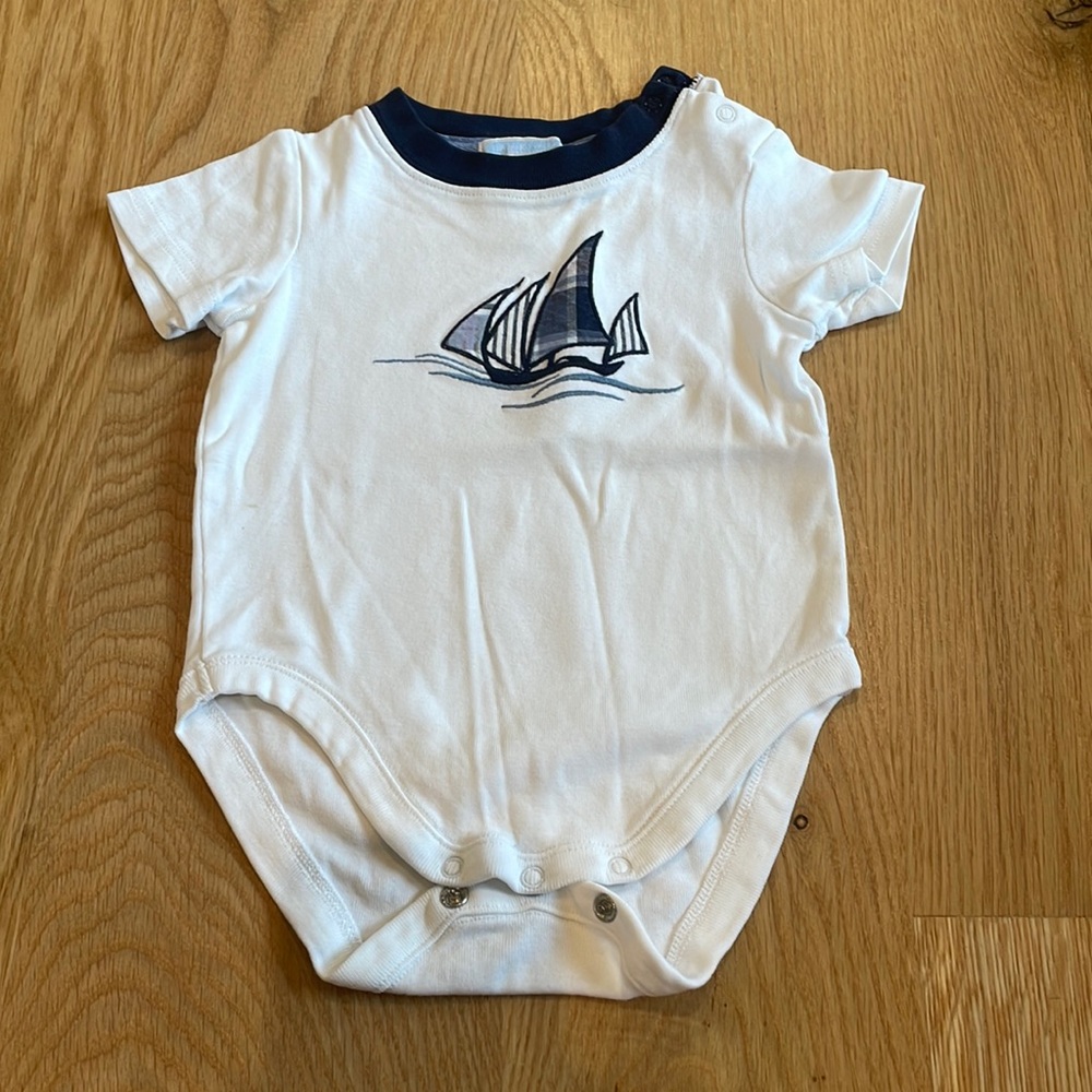 Jamie and Jack embroidered sail boat onsie.